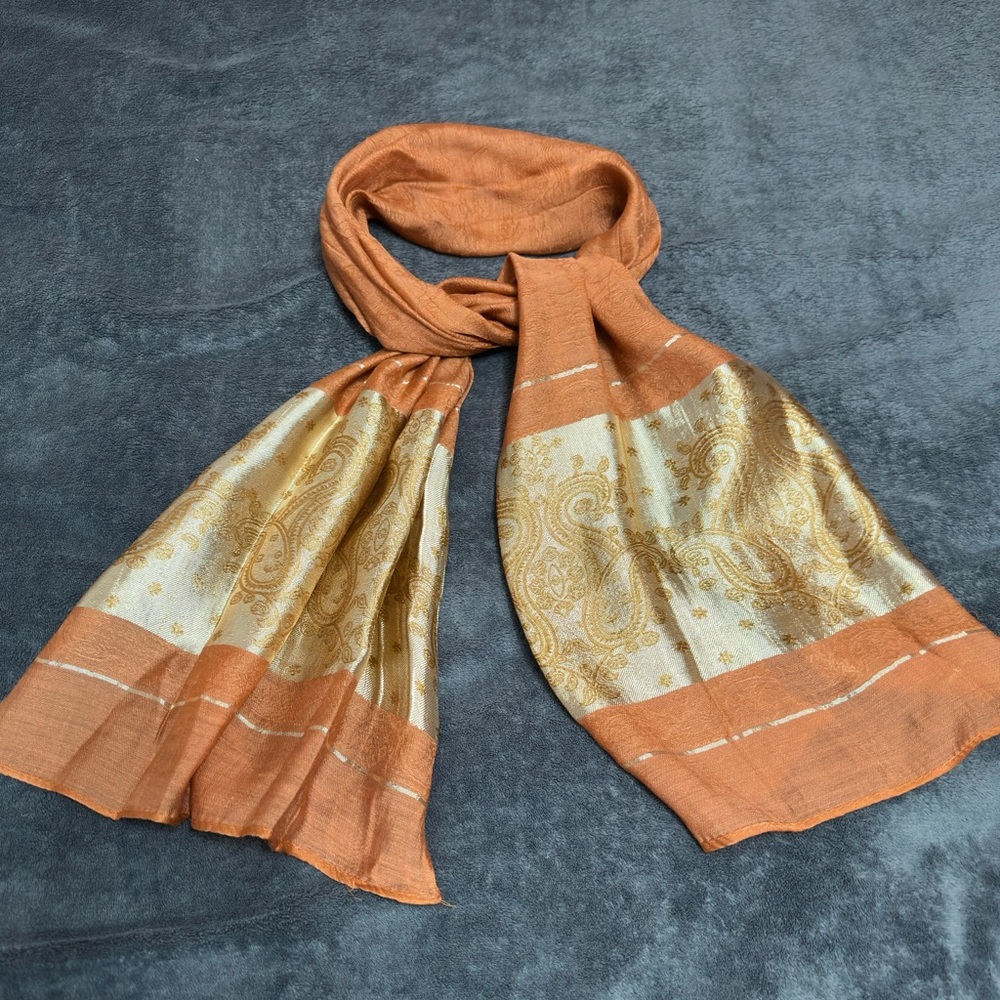 Elegant Orange and Gold Paisley Scarf - Picture 3 of 4